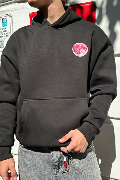 Sekizbiraltı Pink Moon nyomott mintás, túlméretezett uniszex fekete kapucnis pulóver