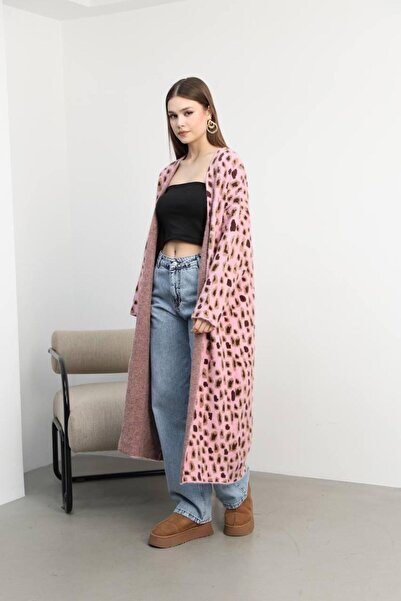 TOFİX textile Triko Leopard Print Winter Long Cardigan