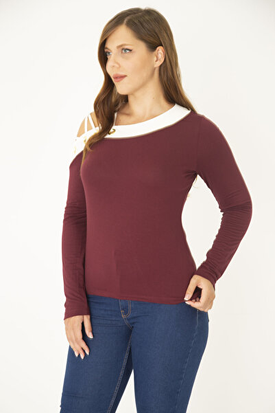 Şans Women's Large Size Claret Red Eyelet and Piping Detailed Blouse 65N36965