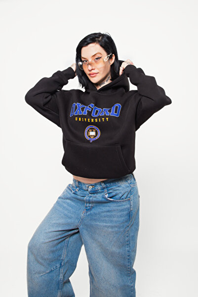 Bak Moda هودي أسود كبير الحجم مطبوع عليه جامعة أكسفورد للجنسين