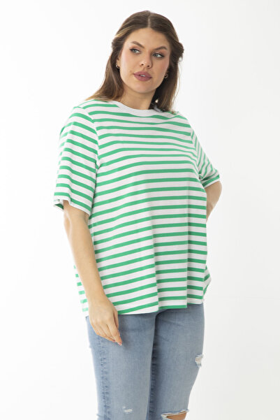 Şans Women's Plus Size Green Crew Neck Striped Blouse 65N37022