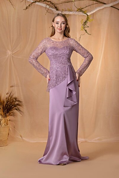 MAXXE 5847PSAT ÜSTÜ TAŞLI TÜL ETEĞİ ASETAT SATEN ELBİSE