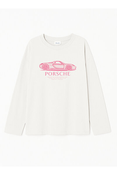 Disante %100 Pamuk Oversize Fit Pink Porsche Baskılı - Bisiklet Yaka Uzun Kol...