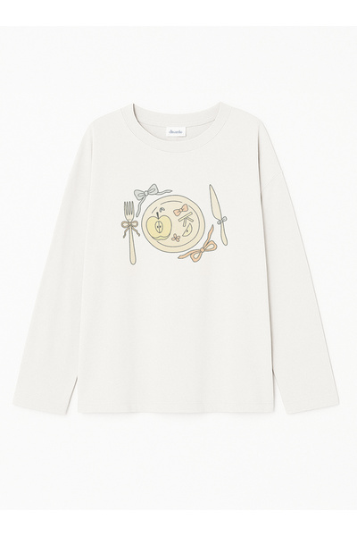 Disante 100% قطن مقاس كبير مطبوع عليه نقشة جميلة - تي شيرت بأكمام طويلة وياقة دائرية