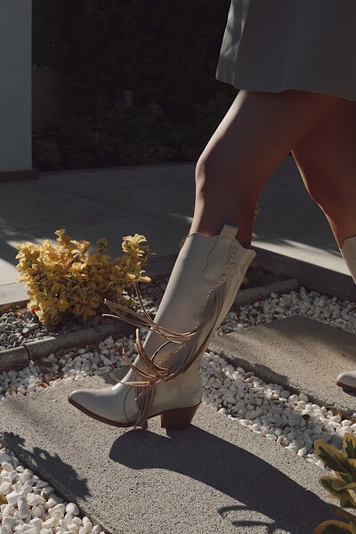 POLKA STORE Tassel Detailed Trock Long Below-Knee Western Women's Cowboy Boots