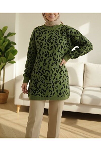 Modamorfo Yarım Boğazlı Desenli Yumoş Triko Tunik -F.Yeşili