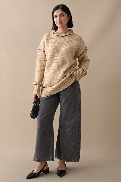 InStyle Pulover Camel - Cu Detaliu Piping și Ridicat