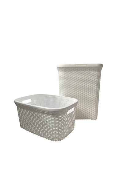 Saban 2'li Set Hasır Desenli Plastik Beyaz Çamaşır Sepeti & Beyaz Çamaşır Selesi