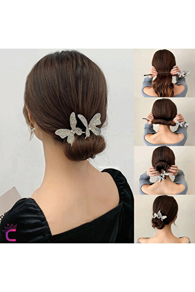 Cinderella Zarif Kelebekli Zirkon Taşlı Kadın Kolay Telli Topuz Tokası Gümüş ...
