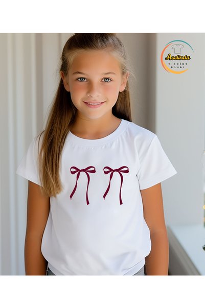 ASELİNDA Ribbon Burgundy Color Printed T-Shirt Mother-Daughter Matching T-Shirt (Add 2 Items to Make a Matching Set)