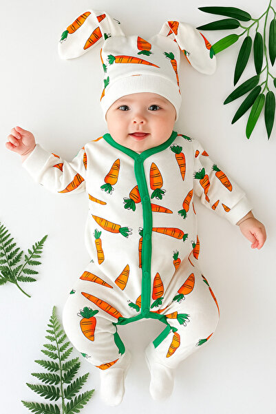 caliskanonline Baby Romper with Carrot Detail and Hat Accessory