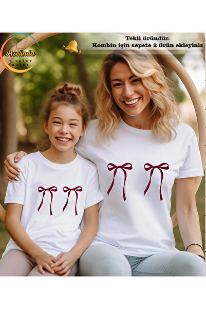 ASELİNDA تي شيرت مطبوع باللون العنابي من KURDELE، تي شيرت مطبوع عليه اللون العنابي للأم والابنة (أضف عنصرين لتكوين مجموعة)