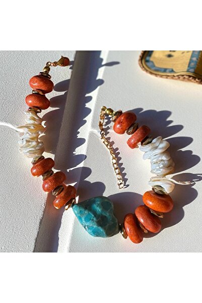 MODA سانتوريني ~ سوار نسائي من الأحجار الطبيعية المرجانية والفيروزية |   مع ص...