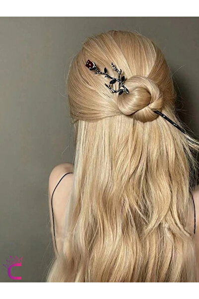 Cinderella 2'li Gothic Siyah Kırmızı Gül Metal Topuz Saç Tokası 17cm - Hediyelik Çin Japon Tarz Çubuk Toka