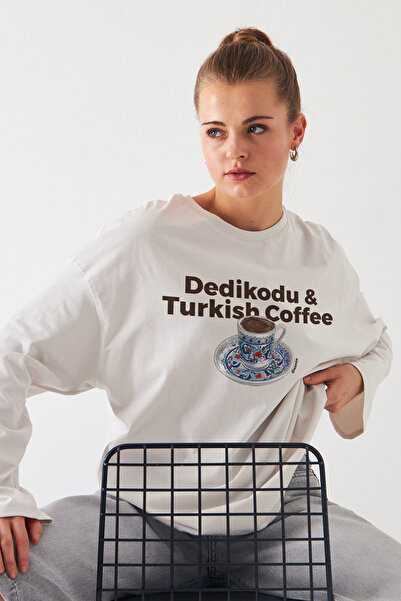Disante %100 Pamuk Oversize Fit Turkish Coffee Baskılı - Bisiklet Yaka Uzun K...
