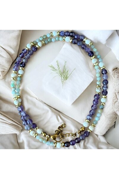MODA Lavender Wave ~ Ametist Doğaltaş Kadın Kolye – Ametist & Amazonit Gold D...