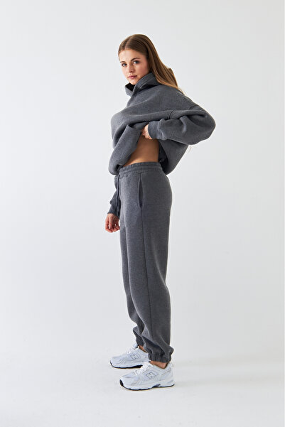 The Champ Clothing Σετ αθλητικής φόρμας Oversize Unisex Smoked Melange – Basic, 3 Thread Fleece; Φούτερ με κουκούλα, ελαστικό κάτω μέρος