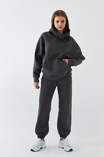 The Champ Clothing Set de trening oversize unisex gri închis – Basic, polar fleece cu 3 fire; Hanorac cu glugă, pantalon cu elastic