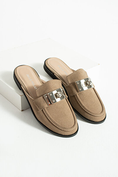 diclepolat Kadın Vizon Süet Metal Tokalı Burnu Kapalı Mule Loafer Terlik