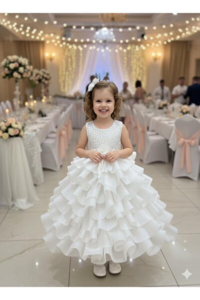 BİLGEN Style KIZ ÇOCUK TARLATAN PULLU ÇİÇEK DETAYLI KAT KAT ABİYE ARKA LASTİLKİDİR ESNEKLİ