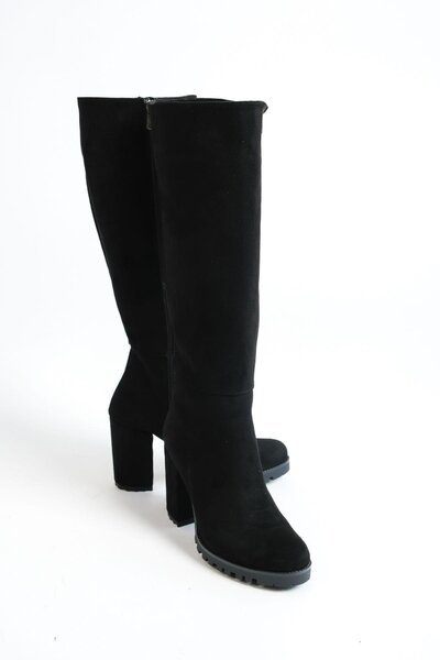 Mubiano Mbzfr5013s-s Cizme lungi cu fermoar, cu toc gros, din piele intoarsa neagra