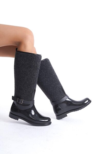 Mubiano MBTB2032-S حذاء المطر الأسود منقوش بنقشة مربعات للنساء