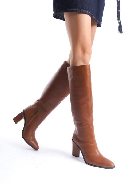 Mubiano Collection Mubiano valódi bőr kollekció női cipzáras részletes, magas sarkú lapos csizma barna - MCALM4242 - TB