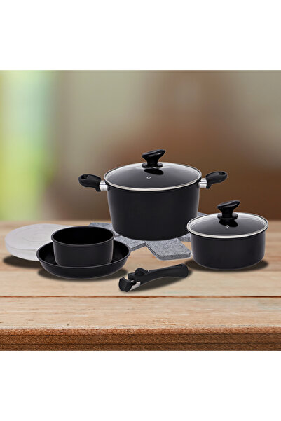 Extramall 13-piece black non-stick kitchen pot and pan set with removable handle, lids, all hobs