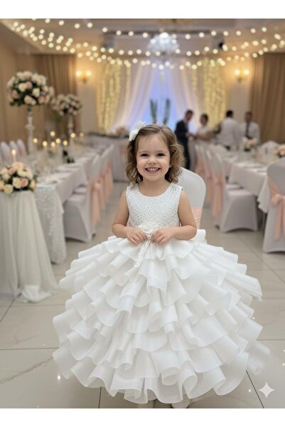 BİLGEN Style KIZ ÇOCUK TARLATAN PULLU ÇİÇEK DETAYLI KAT KAT ABİYE ARKA LASTİLKİDİR ESNEKLİ