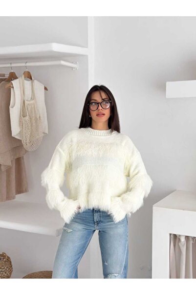 Brantu Long Sleeve Fringed Women's Ecru Knitwear Sweater