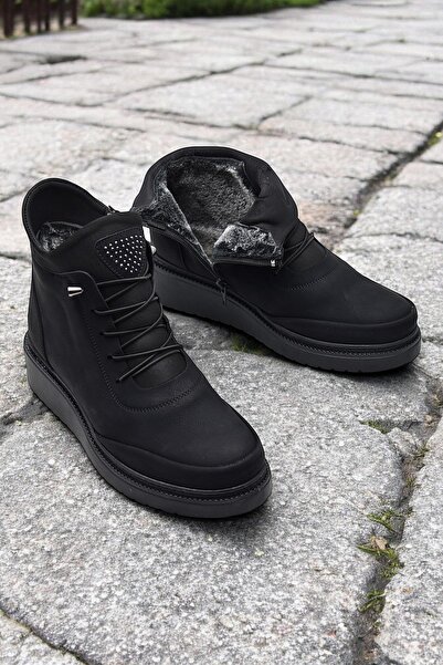 ISPARTALILAR 211 Zümrüt  Ortopedik Taban Lastik Bağcıklı Fermuarlı İçi Kürklü Siyah Kadın Bot Ayakkabı