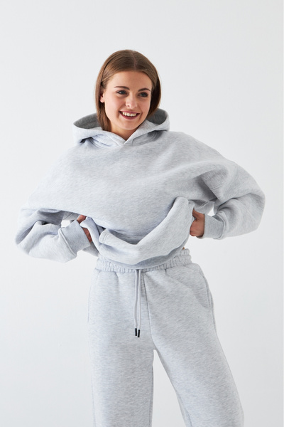 The Champ Clothing Σετ φόρμας Unisex Oversize Γκρι – Basic, 3-κλωνο ριγέ φλις; Φούτερ με κουκούλα, ελαστικό κάτω μέρος