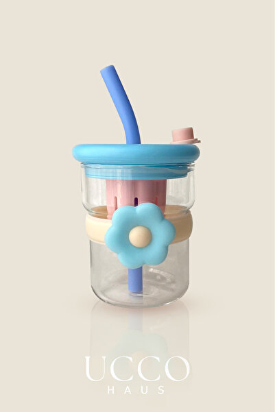 Amentes كوب ترمس زجاجي لإزالة السموم بسعة 500 مل مع تصميم زهرة الأقحوان وقشة - مناسب للحليب والماء والمشروبات الغازية وعصير الليمون