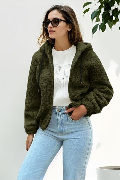 HİRAMİR Peluş Kapüşonlu Kadın Bomber Mont Haki KS2503