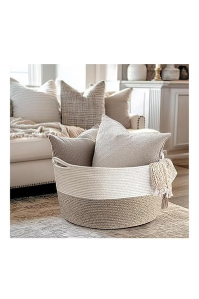 OEM Cos de rufe XXL 90L, alb si maro deschis, cu manere, pentru haine, jucari...