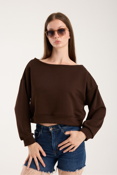 CLB COLLECTION Kahverengi Kayık Yaka Kadın Sweatshirt