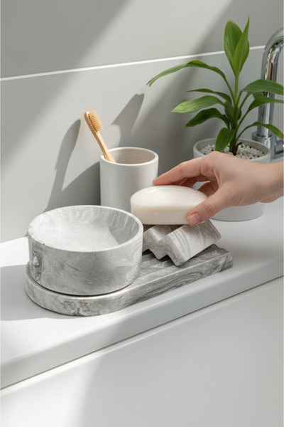 betonmall Organizator de baie din beton cu model de marmură, 3 bucăți, suport...
