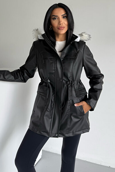 hiramir Kapüşonlu Deri İçi Kürklü Cep Üstü Detaylı Mont Siyah KS2509