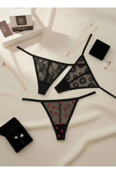 Hmd 3-Piece Lace Patterned Black String Women's Thong Flexible & Comfortable