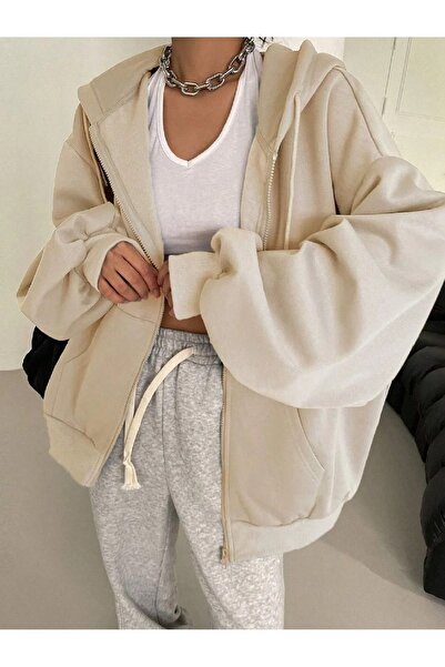 BRLKN Kadın Kapüşon Detay Fermuarlı Balon Kol Hırka