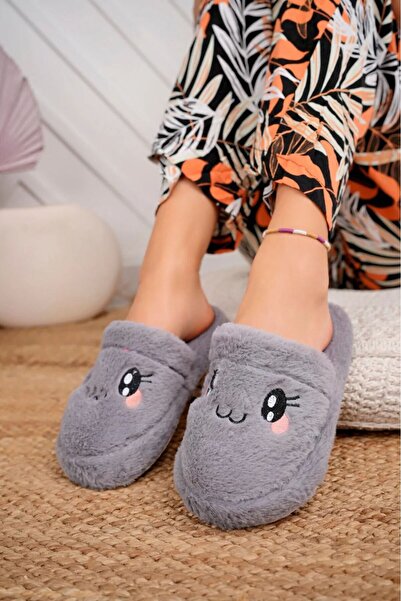 LUCKY COLLECTİON Kadın Gri Peluş Ev Terliği – Yumuşak, Sıcak, Kaymaz Tabanlı ...