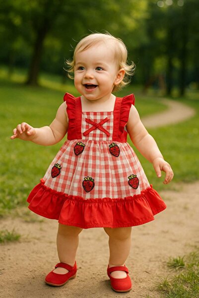 Renata's kız bebek kırmızı pötikare ve çilek desenli yazlık elbise