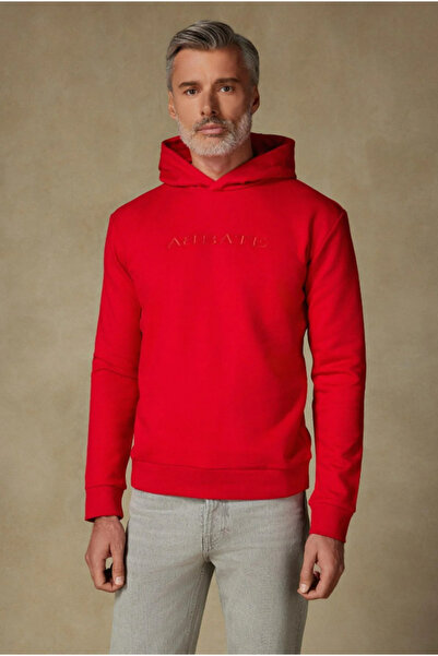 Abbate Hoodie Örme Kumaş Pamuklu Comfort Fit Kırmızı Bisiklet Yaka Erkek Nakışlı Hoodie