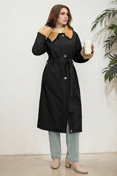 hiramir Yakası Kürklü Uzun Trençkot KS2542