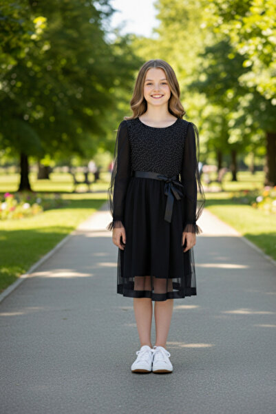 ESİLA KİDS Kız Çocuk Siyah Uzun Kollu Şifon Tüllü Abiye Elbise - Özel Gün ve Davet Kombini