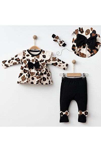 Minelora - Leopar Desenli Fiyonklu 3’lü Kız Bebek Takımı 6-18 Ay