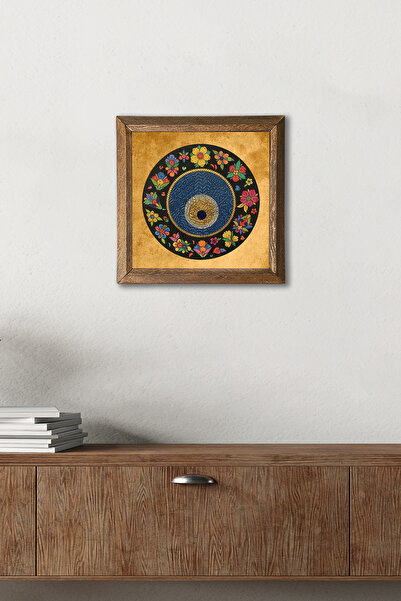 Pinecone Nazar Boncuğu Ahşap Çerçeveli Taş Duvar Tablosu – 25x25 cm Dekoratif...