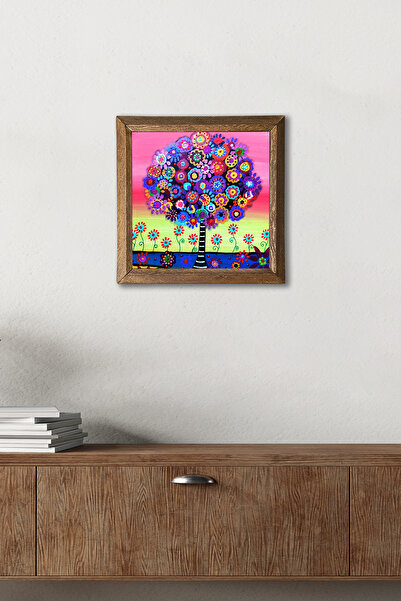 Pinecone Pictură pe perete de piatră cu rama din lemn, arborele vieții, de Karla Gerard – 25x25 cm Decor pentru casă și birou | W1-09 |