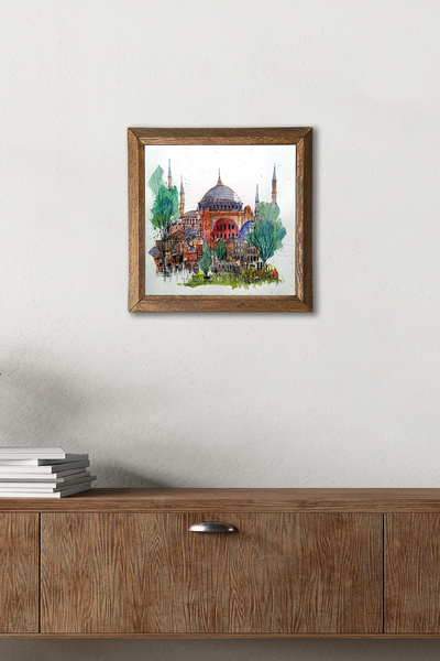 Pinecone İstanbul Ayasofya Ahşap Çerçeveli Taş Duvar Tablosu – 25x25 cm Dekoratif Ev ve Ofis Dekoru |W1-90|