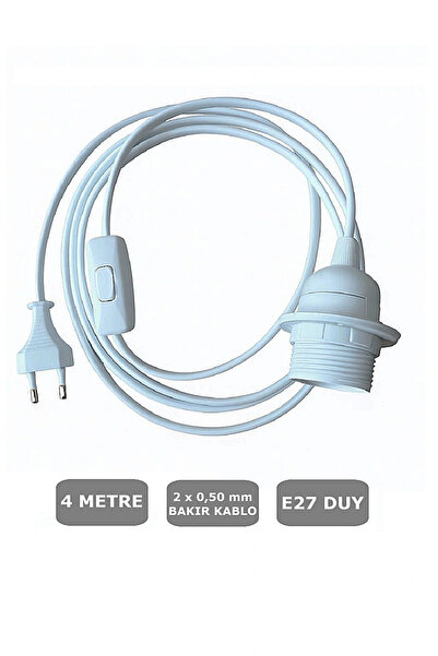 CONANA E27 Duylu 4 Metre Arapuarlı (Aç Kapat Anahtar) Fişli Abajur Duyu Seyyar (2X0,50) (Beyaz)
